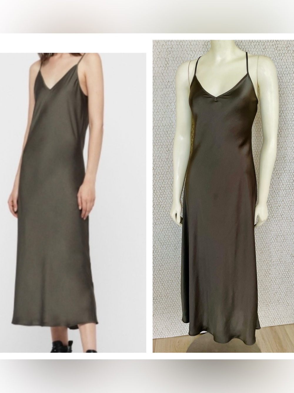 ALLSAINTS Tierny Slip Dress Silky V-Neck Olive Slip Dress